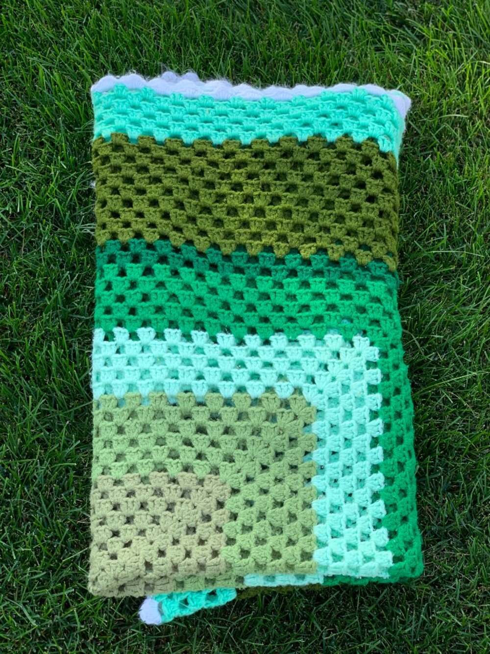 Vtg 70s Afghan Green Crochet Hand Knit Wool Throw Boho Retro Cottagecore Blanket